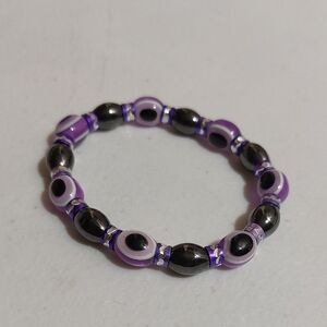 Purple Black Evil Eye Glass Beads Stretch Bracelet